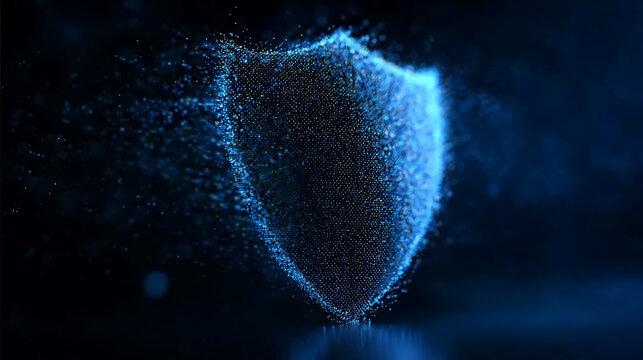 A digital shield composed of glowing particles, representing security and protection. This image is perfect for concepts of data protection and cyber security.