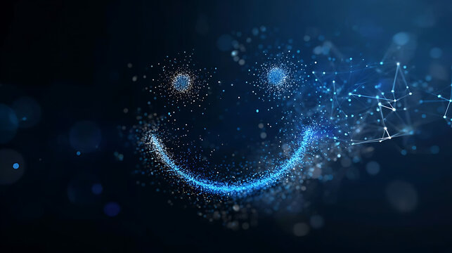 A digital smile formed by particles against a dark blue background, evoking a sense of joy and technological innovation.