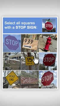 Animated vertical CAPTCHA-style screen prompting users to select all squares with a stop sign. Concept of online security, human verification, and bot prevention interface. 15110  