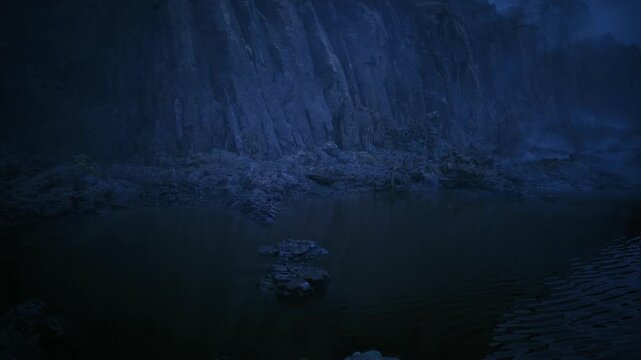 still tidal basin with rocks reflecting calm sky, clustered stones forming natural focal point, glassy water and subtle ripples, cinematic minimalism suited