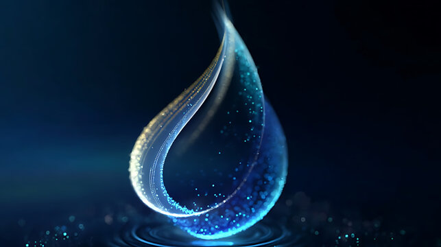 An abstract representation of a water drop with artistic details and a reflective effect. The drop has a smooth, curved shape and is surrounded by water