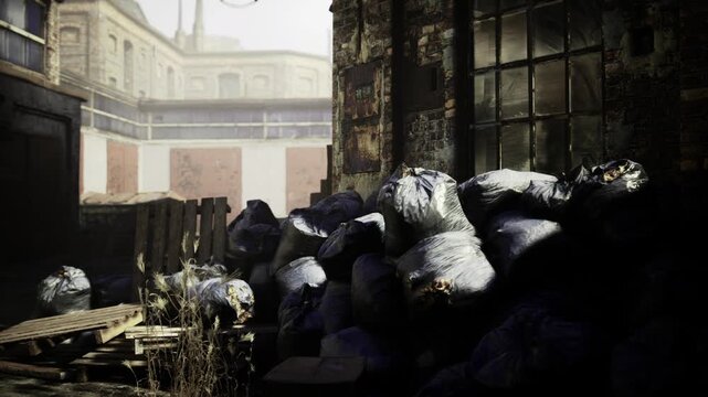 shadowed loading bay piled with sacks near dirty window, high contrast composition with cracked masonry, metal fixtures and heavy atmosphere, cinematic gritty