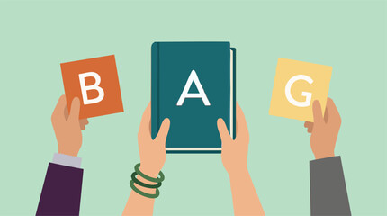 Hands holding letter cards and book spelling BAG word concept © Pixelaraf