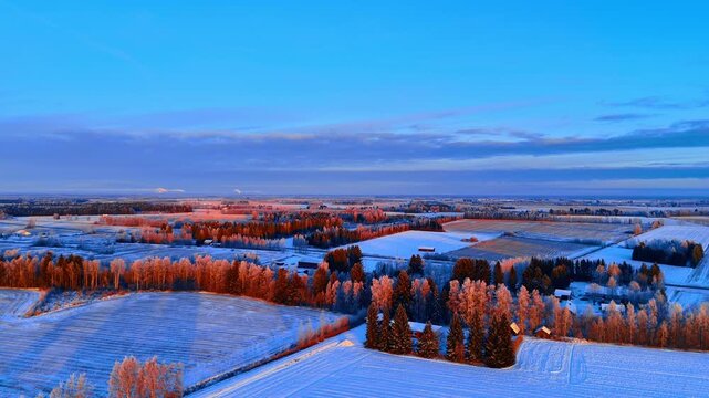 Sunrise over frost covered fields and forest in Lapland aerial. Panoramic aerial view of snowy agricultural fields and forests in Lapland illuminated by orange sunrise light.