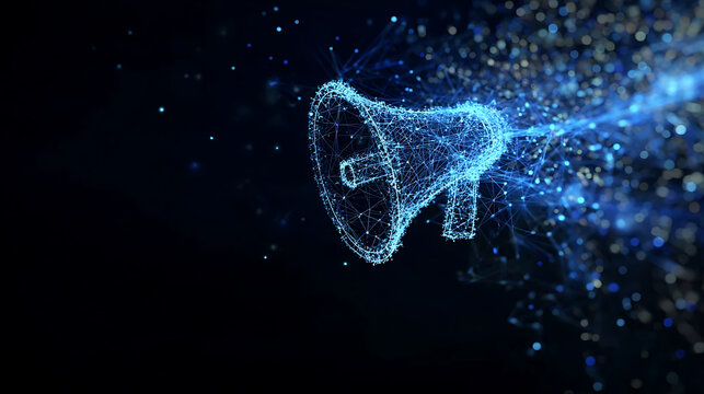 Digital megaphone formed of particles, radiating outward, symbolizing communication 