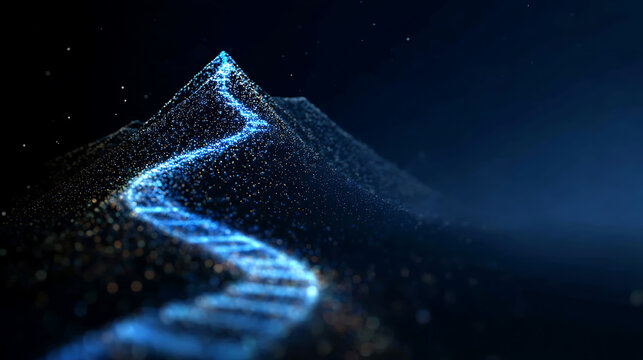 A path leading to the summit of a mountain against a dark blue background, with a glowing trail