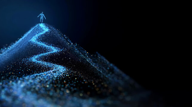 A person on the summit of a mountain reaching his goal. This image of human figure at the peak of a mountain path is symbolizing ambition and achievement