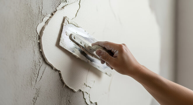 Hand applying plaster on a wall with a putty knife in a renovation project