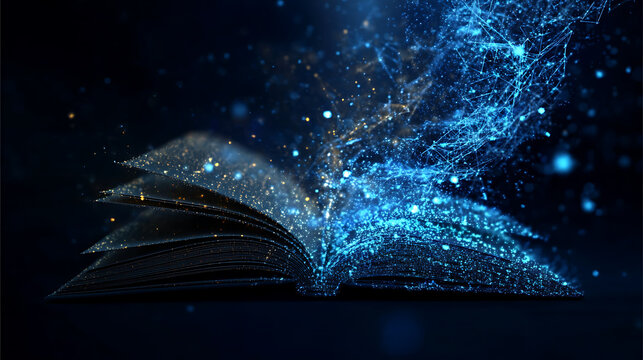 An open book with luminous particles emanating from its pages