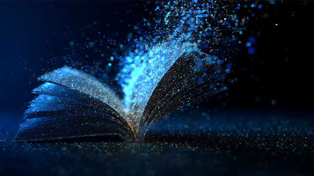 An open book with shimmering particles emanating from its pages, symbolizing the power of knowledge and imagination