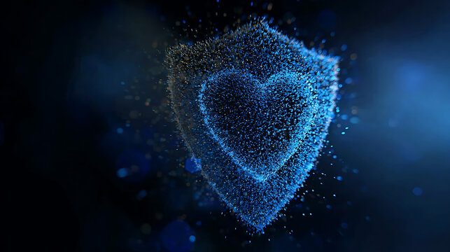 A digital shield made of particles, with a heart shape inside, representing protection and security