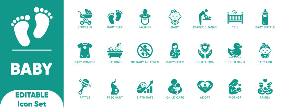 Baby icon set. mother, crib, family, pacifier, baby girl, babysitter, adopt, rattle, baby, and solid icons.