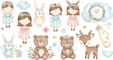Fototapeta premium Whimsical illustration of children animals and fantasy creatures in pastel colors for kids and nursery designs