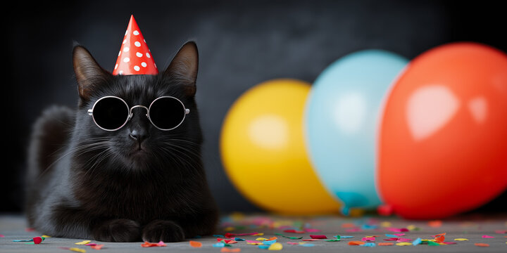 Black cat wearing party hat and round sunglasses sitting on floor with colorful balloons and scattered confetti on dark background, funny animal concept
