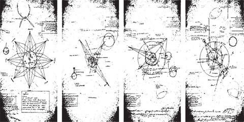 Vintage blueprint schematics with grunge texture overlay with technical drawing with black and white with line art with hand drawn with navigational chart with star chart with compass rose © plustration