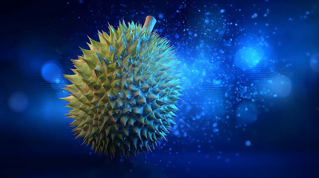 A vibrant durian fruit set against a futuristic, glowing blue backdrop. The spiky exterior of the fruit is detailed, and the background adds a sense of mystique. 