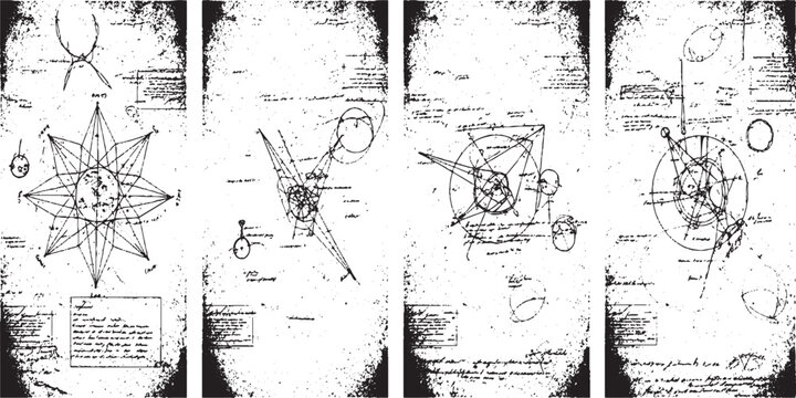 Vintage blueprint schematics with grunge texture overlay with technical drawing with black and white with line art with hand drawn with navigational chart with star chart with compass rose