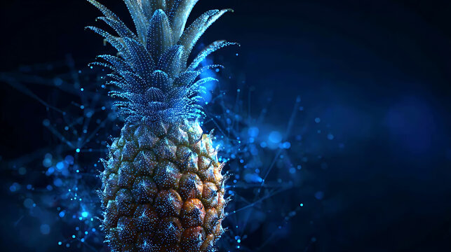 A pineapple with blue particles floating around it, showcasing its fresh texture against a dark backdrop.