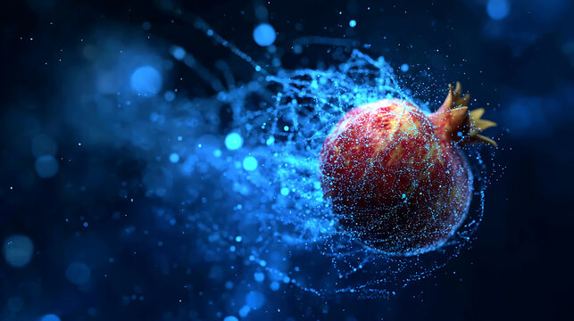 A vibrant pomegranate encapsulated in a field of luminous, energetic particles. The fruit is bursting with detail, colors, and an overall sense of wonder and beauty.