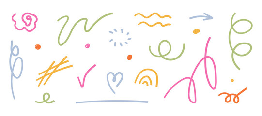 Obraz premium Hand drawn doodle elements. Handwritten motion line sketch set. Underlines in pen brush style. Pastel color crayon icon set. Isolated vector illustration for journal, poster, collage, scrapbook.