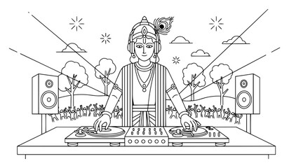 Lord Krishna playing music as DJ with turntables and headphones at festival in line art style © Anna