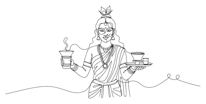 Goddess Lakshmi holding plate of food and offering in continuous line art style