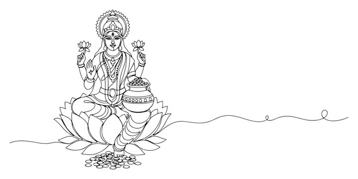 Goddess Lakshmi sitting on a lotus with coins and pot of wealth in minimalist continuous line art style