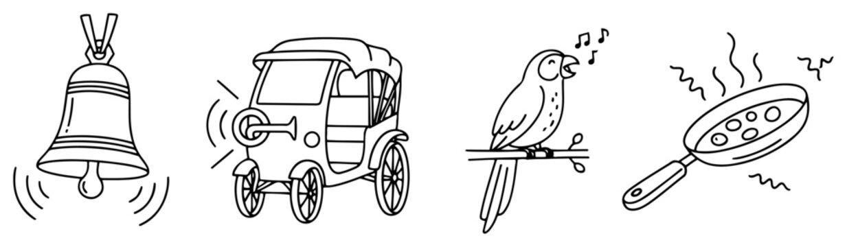 Indian culture icons set including bell rickshaw singing parrot and pan in doodle style
