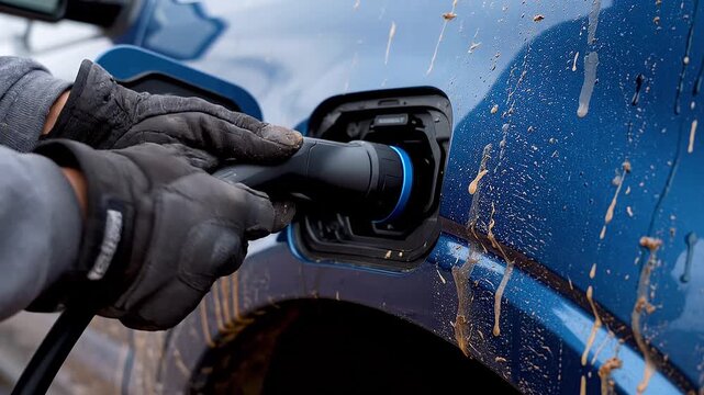 Close-up of a hand plugging an electric vehicle charging cable into a car, illustrating sustainable energy and modern transportation