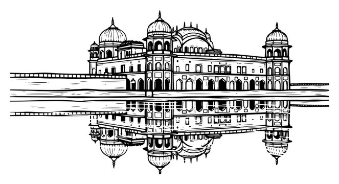 Indian palace architecture reflected on water surface in elegant black and white etching style