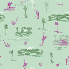 Golf sketch seamless pattern. Sports tools vector illustration. Hand drawn vintage style, isolated