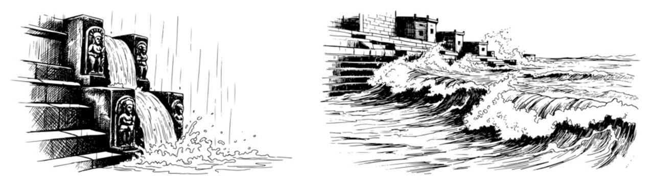 Ancient temple ghats with flowing water and ocean waves in hand drawn architectural sketch style