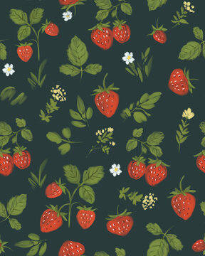Strawberry berries, hand-drawn, seamless pattern
