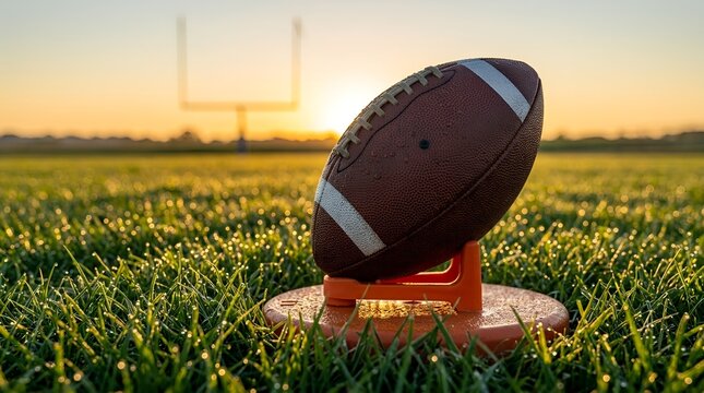 American football resting on a kicking tee on a grassy field during a dramatic golden sunset, representing game day, sports training, and competition