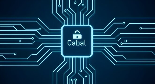Digital circuit board with glowing padlock and word Cabal technology Growth Technology Background