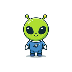 Obraz premium Cute green alien full body icon with big black eyes in modern flat vector style.