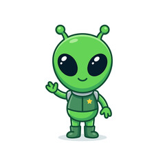 Obraz premium Cute green alien full body icon with big black eyes and small body in flat vector style.