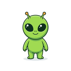 Fototapeta premium Cute green alien full body icon with big black eyes and small body in flat vector style.