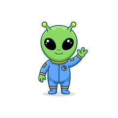 Obraz premium Cute green alien waving hand icon with big black eyes in modern flat vector style.
