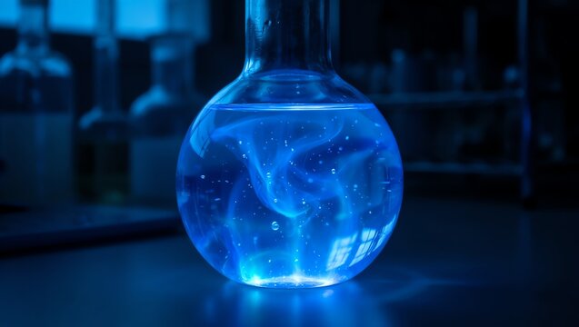 Laboratory flask containing a brilliant glowing blue liquid, emitting an ethereal light in a dark setting, representing bioluminescence and chemistry