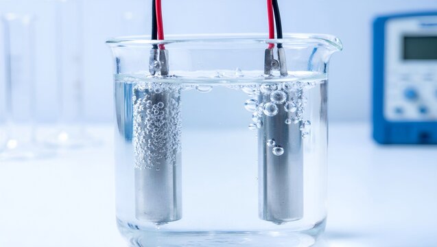 Laboratory electrolysis setup in a glass beaker with electrodes producing gas bubbles in a clear solution, representing chemistry and energy conversion