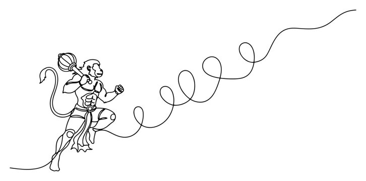 Lord Hanuman flying with mace gada in decorative continuous line art style