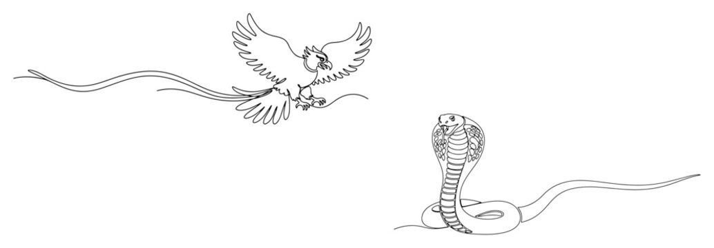Eagle and cobra snake fighting in minimalist continuous one line art style