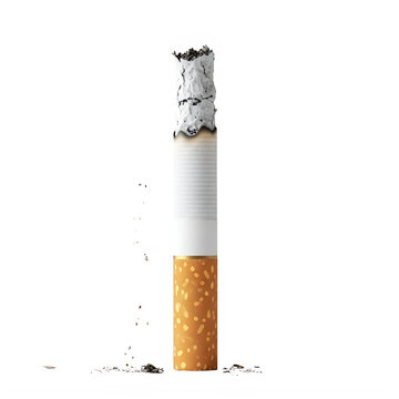A lit cigarette with ash falling onto a white surface
