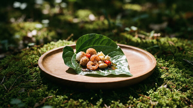 Miang kham betel leaf wrap, Gourmet Thai appetizer, Roasted coconut and shrimp bites, Teak wood platter, Dappled sunlight, Natural garden setting, Elegant starter presentation