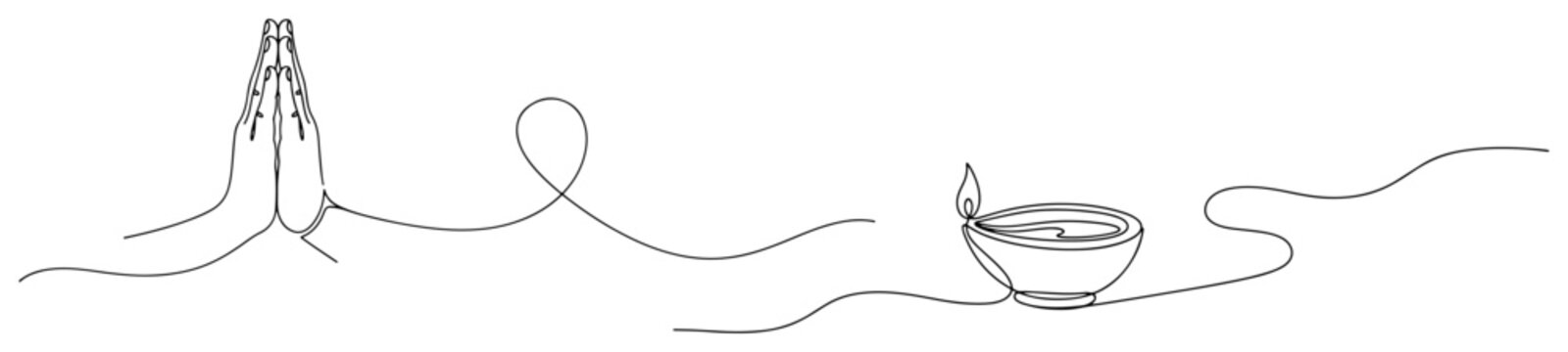 Namaste prayer hands and burning diya lamp for diwali festival in continuous line art style