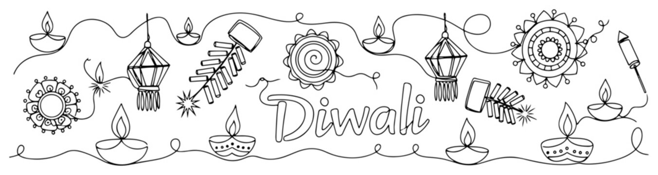 Diwali festival celebration elements in minimalist continuous line art style