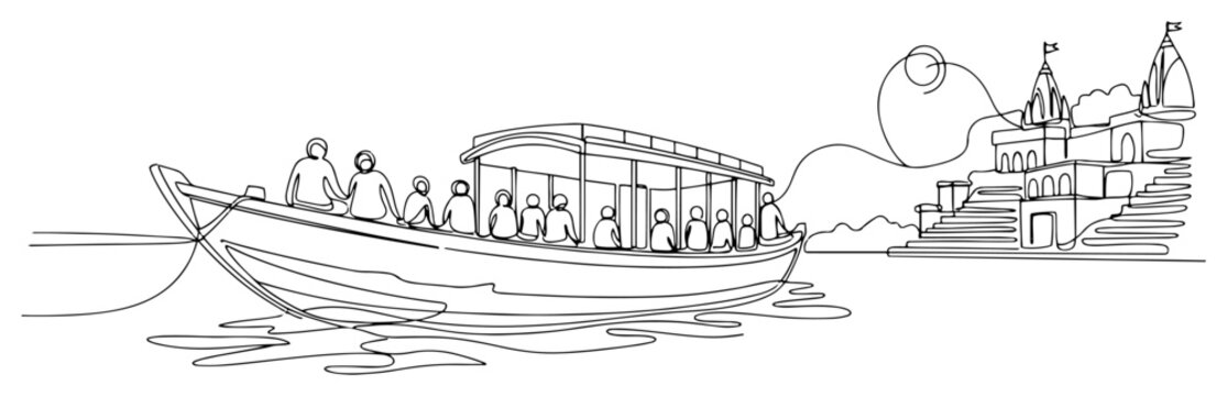 People sitting in a traditional boat near Varanasi ghats in continuous line art style