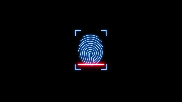 Glowing blue neon fingerprint scanning animation icon. Biometric security verification. Digital data access system. 4K futuristic tech motion graphic.