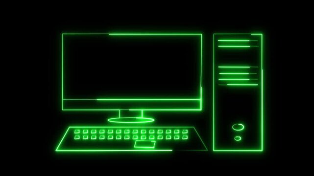 Glowing neon computer icon isolated on black background. Technology Concept Illustration. Technology, digital marketing and pc screen for software. 4k motion video.